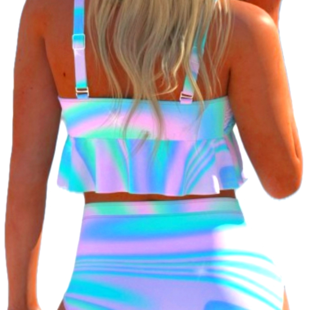 MODLILY® Ruffle Ombre Multi Color Bikini Set Crop Top and Skirt Set - Picture 2 of 4